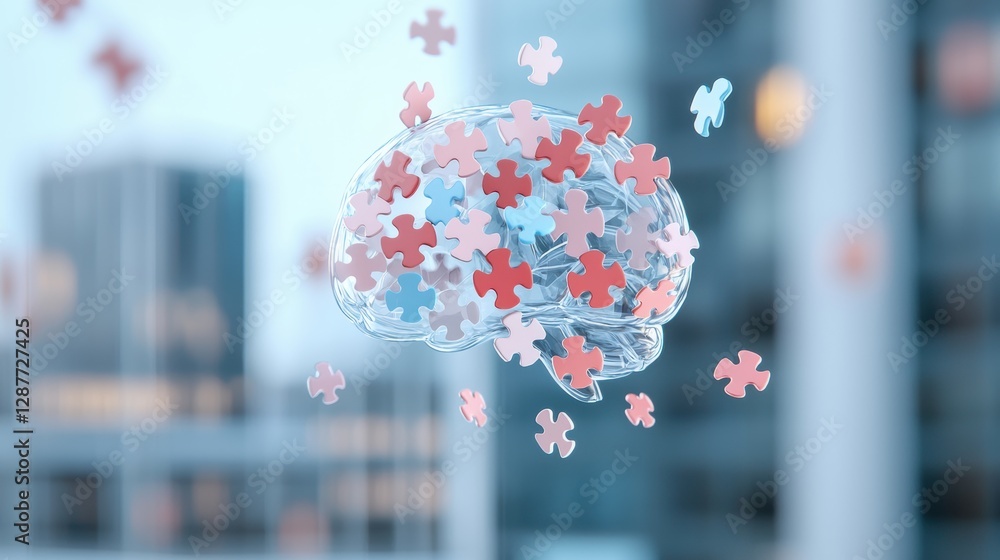 Poster a transparent brain filled with colorful puzzle pieces, symbolizing the interconnectedness of ideas 