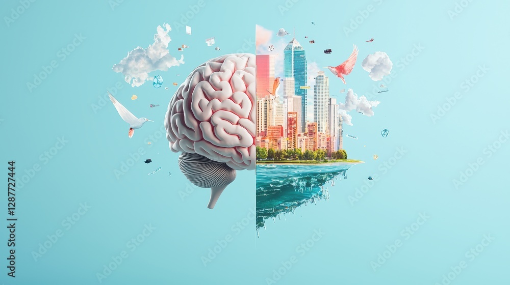 Poster a split view of a human head, with one side showing a realistic brain and the other side depicting a