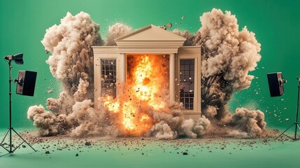 Sudden burst of intense flames, highenergy explosion, vibrant green screen backdrop