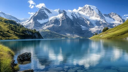 stunning panoramic view of the Swiss Alps, with snow-capped peaks and pristine lakes.
