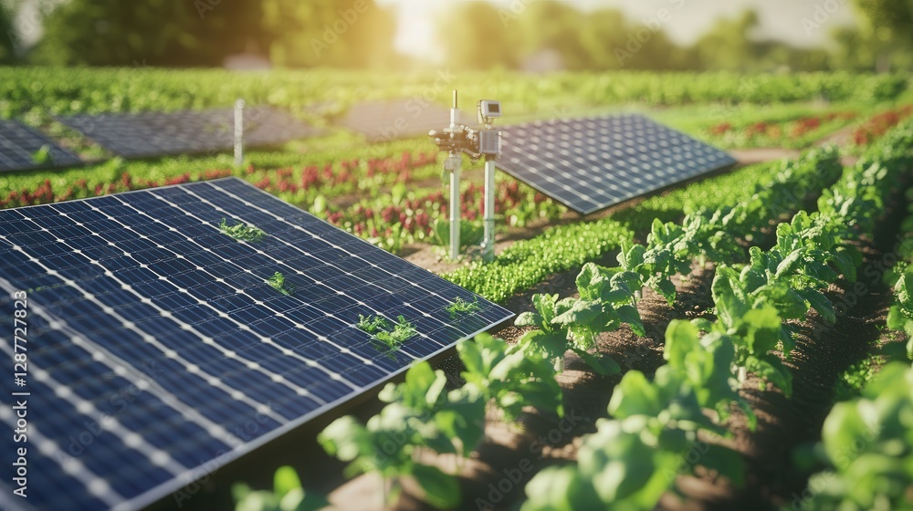 Poster solar-powered farm where robots cultivate crops, adjust lighting, and optimize growth conditions usi