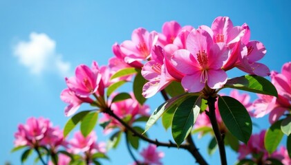 Fototapeta premium Rhododendron tree in full bloom against a blue sky, nature, rhododendron