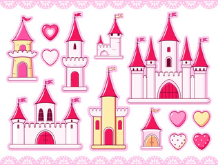 Set of pink castle icon stickers for girl. Collection of cute eye-catching tag, label with cartoon princess castle. Fantasy fairy tale princess palace. Magic kingdom tower set. Vector EPS8 © frenta