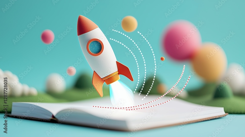 Poster a hand drawn rocket on a notepad, with a dotted line showing its trajectory towards a target, repres