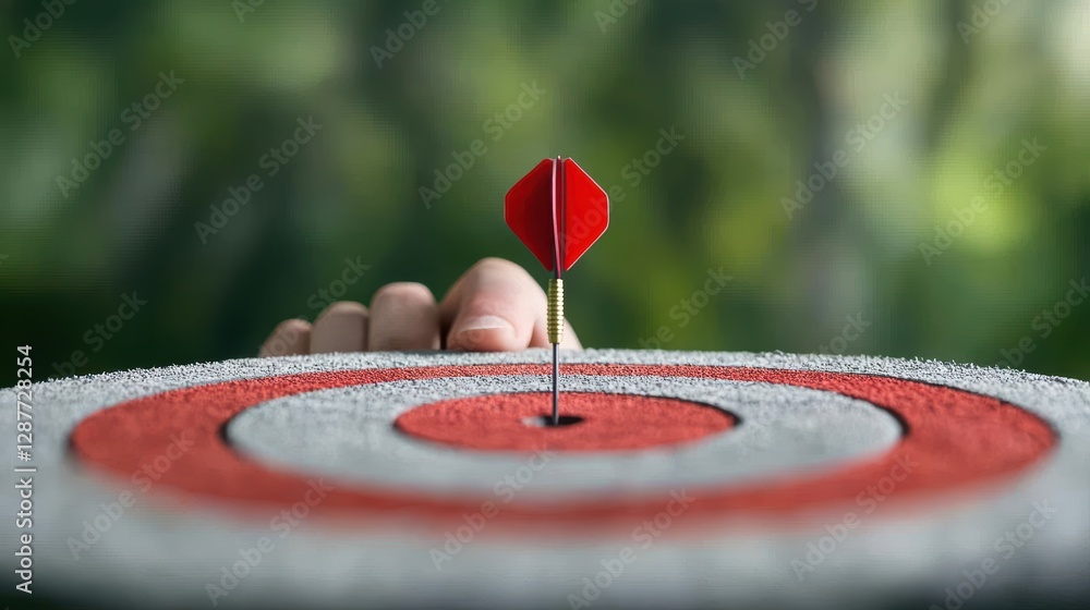 Poster a person aiming a dart at a target, with a determined expression, conveying the importance of focus 