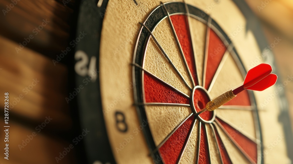 Poster a dartboard with darts scattered around the bullseye, some hitting the mark and others missing, repr