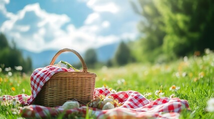 Summer Picnic Basket in a Meadow with Mountains in the Background