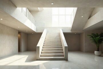 Fototapeta premium Modern Minimalist Interior Design Concrete Staircase in a Sunlit Atrium with Subtle Architectural Details
