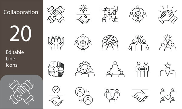 Collaboration Editable Line Icons Set. teamwork, handshake, agreement, and more. Pictograms and infographics, business related icons. Vector illustration