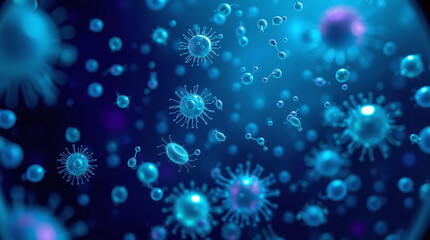 Fototapeta premium High angle perspective view of bacteria and microbes under a microscope, smooth glowing cells floating in liquid, realistic microbiology illustration, cool colors blues, greens, purples, looking down.