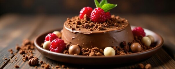 Rich velvety chocolate mousse atop a bed of crushed hazelnuts, luxurious, chocolate, rich