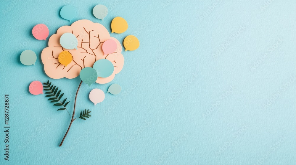 Poster speech bubbles arranged in the shape of a brain, highlighting the importance of communication and co