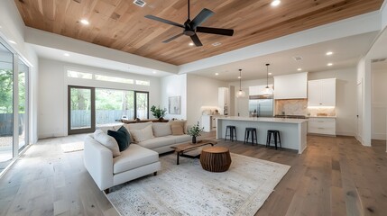 Cozy and charming modern farmhouse living space highlighted by exposed wooden ceiling beams a plush area rug and a mix of rustic and industrial chic accents