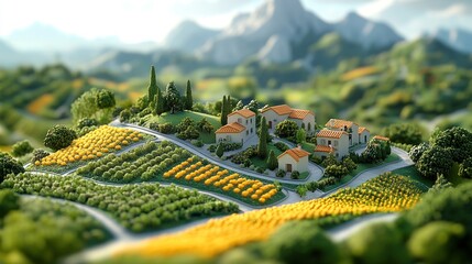 Fototapeta premium Idyllic miniature village nestled in sun-drenched hills, vineyards, and mountains.