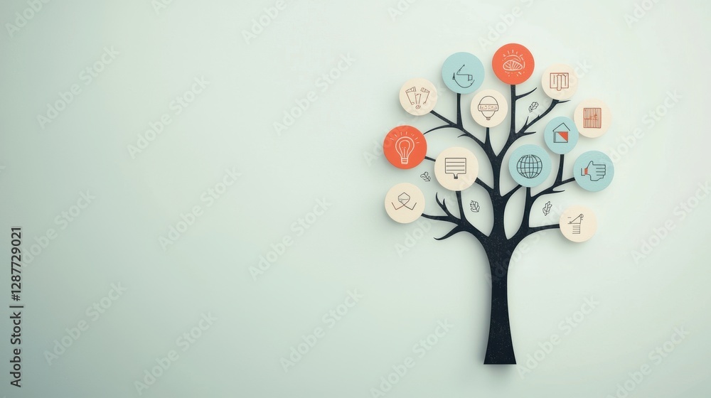 Aufkleber a tree with branches reaching out in different directions, each branch adorned with symbols of creat