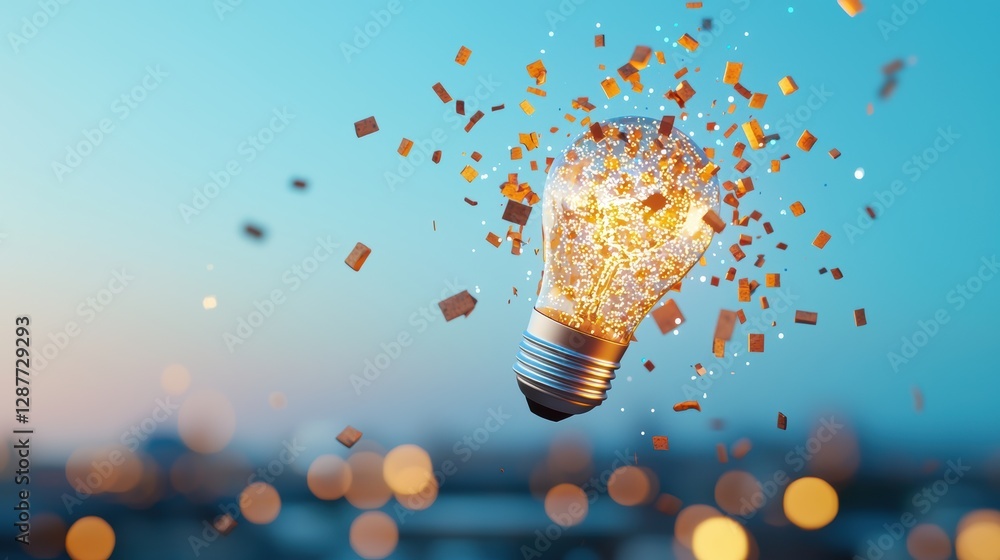 Poster an exclamation point transforming into a light bulb, symbolizing the moment when a simple idea spark