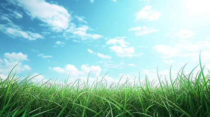 Fototapeta premium Vibrant Green Grass Field Under a Bright Blue Sky with Fluffy Clouds