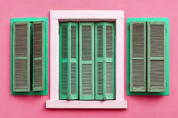 Fototapeta premium Window with wooden shutters on an pink old building facade