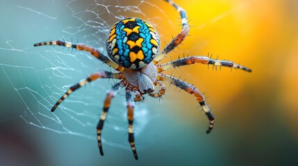 Vibrant spider on intricate web, close-up.