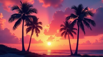 Serene Sunset Silhouette of Palm Trees on a Tropical Beach with Vibrant Sky