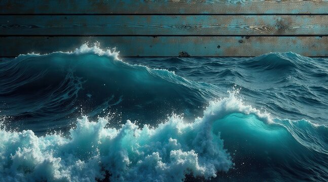 Ocean waves crashing against a weathered wooden surface, a dramatic scene of nature's power and the enduring strength of wood