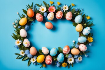 Colorful Easter eggs framework holiday decorations including ornaments, flowers, and branches