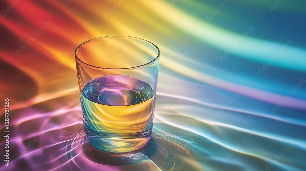 Poster visual representation of light refracting at a boundary between two liquids, like oil and water. exp
