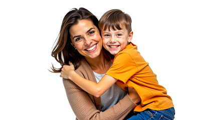 Happy mother and son portrait for family content, isolated on transparent background. Use for Mother's Day, parenting blogs, or family-themed advertising.
