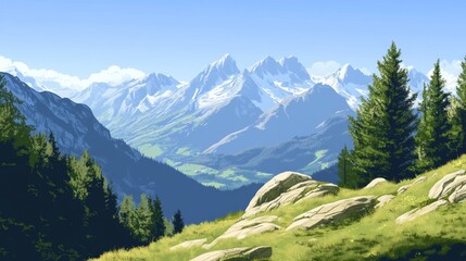 Fototapeta premium Alpine Mountain Valley View, Sunny Day, Peaceful Scenery, Background for Travel Brochure