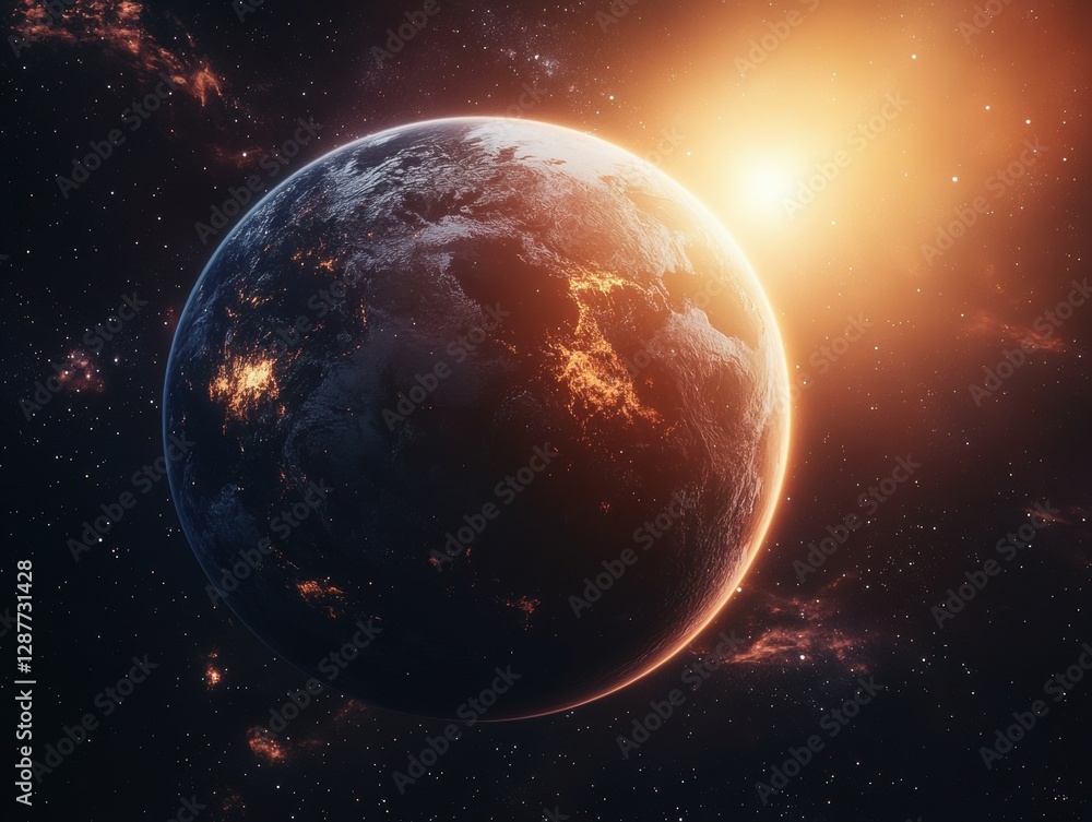 Poster dramatic view of earth from space illuminated by a distant sun with a cosmic nebula background and s