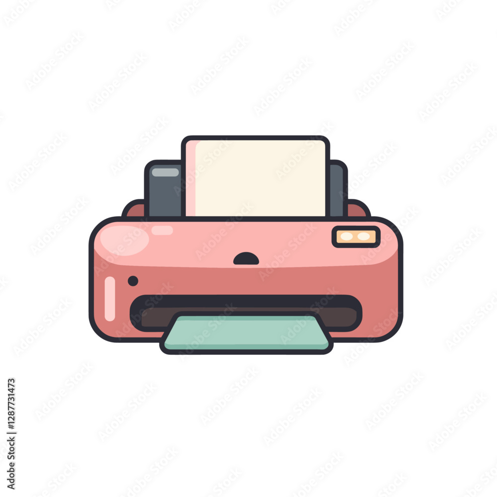 Poster a stylized pink printer with paper depicted in a cute flat vector icon style simple clean lines defi