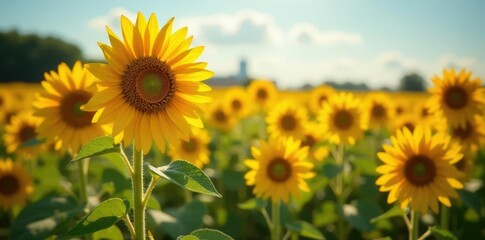 Obraz premium Una sola girasola en medio de la nada con su brillo intenso, girasoles, flor