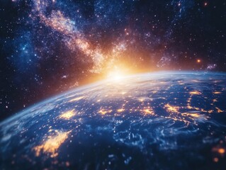 Stunning Earth View from Space with Radiant Sunrise Illuminating City Lights and Cosmic Nebula Background