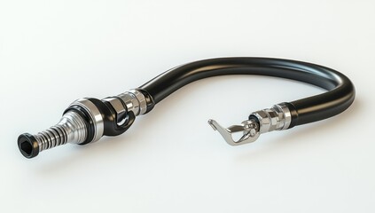 A fuel nozzle with an empty rubber hose on a white background, side view, 3D rendering, close-up