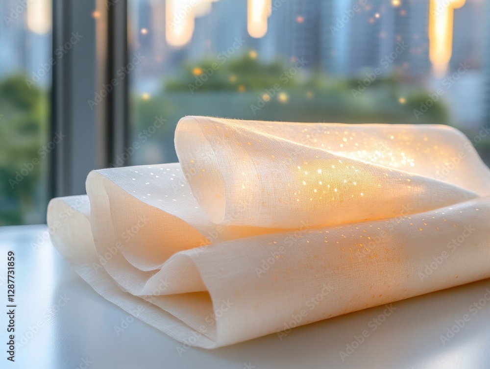 Poster delicate translucent fabric with golden dots on a white table near a window with city view creating 