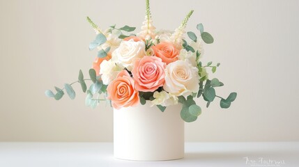 Obraz premium A whimsical bouquet of pastel colored roses, including pink, peach, and cream, arranged loosely with delicate greenery, evoking a soft, romantic feel.