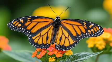 Fototapeta premium Monarch butterfly perched on lantana flowers.
