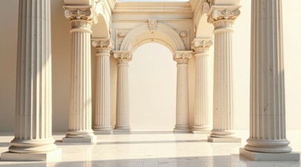 Fototapeta premium Serene Classical Architecture A Sunlit Colonnade with Elegant Arches and Intricate Carvings