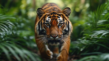 Fototapeta premium Majestic tiger walking towards camera in lush green jungle.