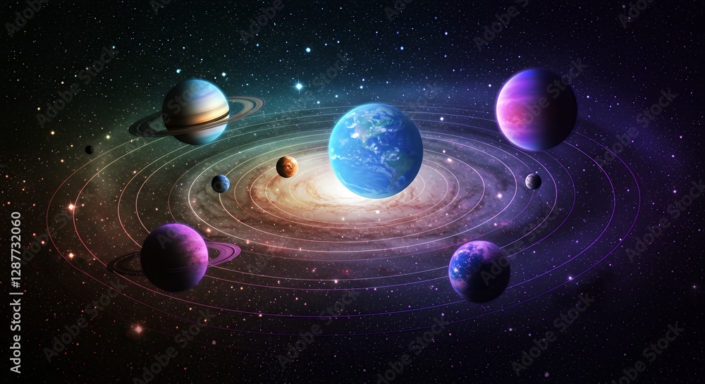 Wall mural planets orbit a galaxy creating a colorful cosmic scene