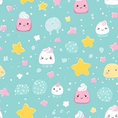 Cute Kawaii Dessert Pattern with Smiling Sweets and Stars