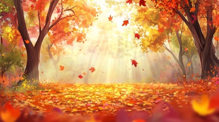 Autumn forest scene, sun rays through trees, colorful leaves, peaceful nature, digital art, wallpaper