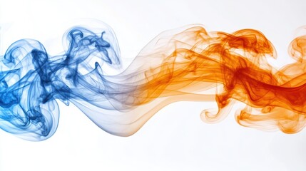 Fototapeta premium Abstract blue and orange smoke swirls on white background.