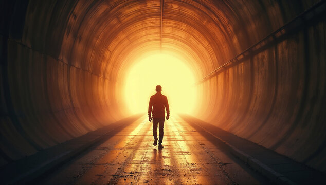 Fototapeta Silhouette of a person walking towards a bright light through a tunel symbolizing hope, journey, and the unknown future