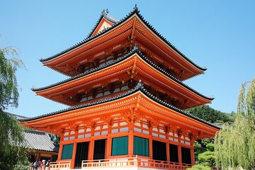 Naklejka premium Japanese Pagoda, temple, Kyoto, tourists viewing