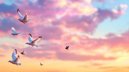 Fototapeta premium Flock of Birds in Flight Against Colorful Sunset Sky