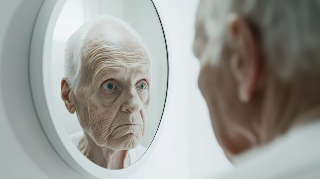 Dementia symptoms in an elderly person unsure of their reflection in a mirror. Featuring disorientation and confusion
