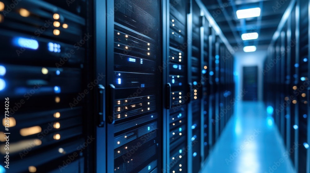 Poster server room with modern equipment for data storage and processing in blue tones with depth of field