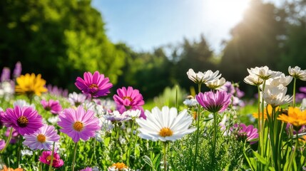 Obraz premium Vibrant Flower Field Under Bright Sunlight in Nature Setting