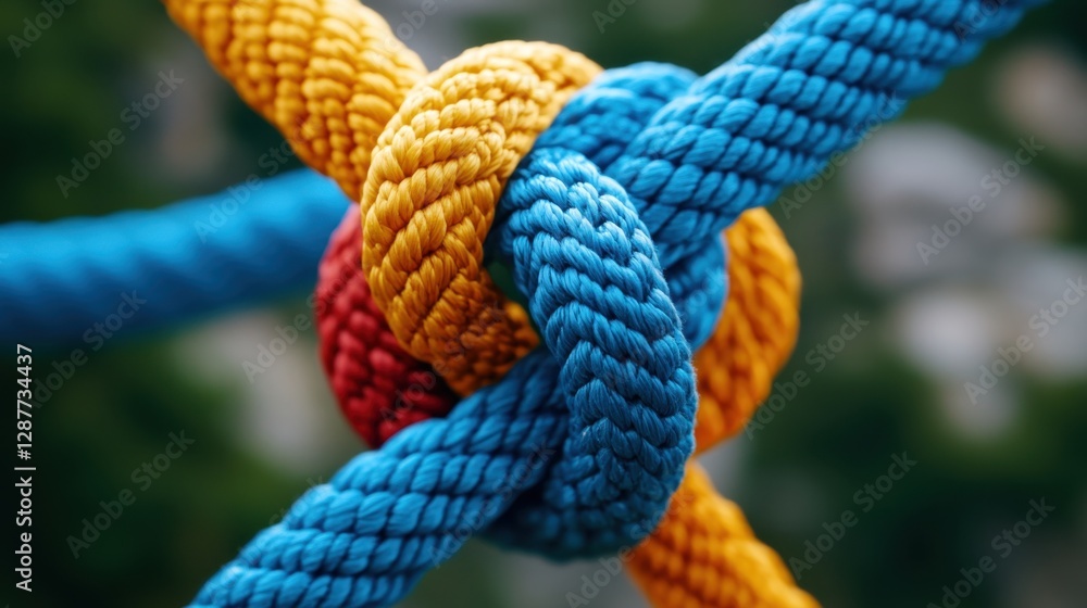 Poster vibrant knotted ropes intertwined in a colorful display of unity and connection close up macro shot